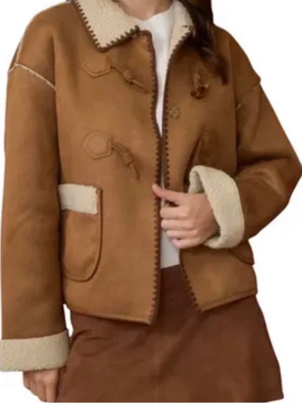 Altar'd State Camel Brown Suede Sherpa-Trim Toggle Jacket - Picture 2 of 6